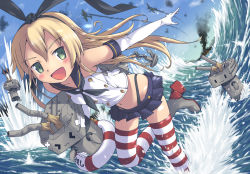 Rule 34 | &gt; &lt;, 10s, 1girl, aircraft, airplane, aki (akisora hiyori), anchor, black panties, blonde hair, closed eyes, elbow gloves, gloves, hairband, highres, kantai collection, lifebuoy, long hair, ocean, open mouth, panties, personification, rensouhou-chan, shimakaze (kancolle), striped clothes, striped thighhighs, swim ring, thighhighs, underwear, water, white gloves