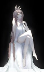 Rule 34 | 1girl, ahoge, bare legs, barefoot, bed sheet, black background, brown hair, crossed legs, dress, feather hair ornament, feathers, hair between eyes, hair ornament, hololive, hololive english, long hair, nanashi mumei, sakanaillusts, simple background, sitting, solo, strapless, strapless dress, very long hair, virtual youtuber, white dress, yellow eyes