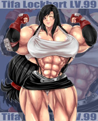 Rule 34 | 1990s (style), 1girl, abs, alop-net, black hair, breasts, cleavage, covered erect nipples, extreme muscles, female focus, final fantasy, final fantasy vii, flexing, highres, huge breasts, long hair, looking at viewer, macto, muscular, one eye closed, red eyes, retro artstyle, smile, solo, tifa lockhart, very long hair