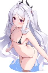 Rule 34 | 1girl, ahoge, armpit crease, bikini, blue archive, blush, breasts, butt crack, collarbone, demon girl, demon horns, grey hair, hair ornament, highres, hina (blue archive), horns, in water, long hair, looking at viewer, micro bikini, navel, parted bangs, partially submerged, purple eyes, purple horns, sidelocks, simple background, small breasts, sonao, swimsuit, very long hair, wading, water, white background