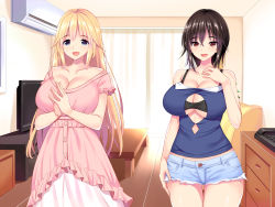 Rule 34 | 2girls, ane to ane ga mainichi ore ni h wo sematte kuru, bare arms, bare shoulders, black hair, blonde hair, blue eyes, breasts, cleavage, cleavage cutout, clothing cutout, couch, cowboy shot, curtains, day, dress, floor, hair between eyes, hands together, happy, highres, huge breasts, indoors, legs, legs together, light, long hair, looking at viewer, maguro coffee, multiple girls, open mouth, original, pink dress, red eyes, short hair, short shorts, shorts, siblings, sisters, sleeveless, smile, standing, television, thigh gap, thighs
