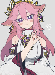 Rule 34 | 1girl, animal ears, bare shoulders, blush, breasts, closed mouth, detached sleeves, earrings, fox ears, fox shadow puppet, genshin impact, grey background, hair between eyes, highres, japanese clothes, jewelry, large breasts, long hair, looking at viewer, miko, pink hair, purple eyes, ribbon-trimmed sleeves, ribbon trim, simple background, solo, uotsu (sabakou), upper body, very long hair, wide sleeves, yae miko