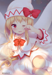 Rule 34 | 1girl, artist name, bad id, bad pixiv id, bed sheet, blonde hair, blush, bow, bowtie, capelet, commentary request, dress, fairy wings, feet out of frame, hand up, hat, hat bow, kneehighs, light particles, lily white, long hair, long sleeves, looking at viewer, nnyara, red bow, red bowtie, red eyes, sitting, socks, solo, thighs, touhou, twitter username, very long hair, white capelet, white dress, white hat, white socks, wings