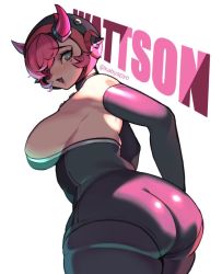 Rule 34 | 1girl, animification, apex legends, ass, bare shoulders, black bodysuit, black gloves, black headwear, blue eyes, bodysuit, breasts, character name, cyber punked wattson, elbow gloves, eyepatch, eyeshadow, gloves, horns, huge ass, kabiyapyo, large breasts, makeup, official alternate costume, one eye covered, open mouth, pink hair, plump, purple eyeshadow, purple lips, sideboob, smile, solo, thick thighs, thighs, twitter username, wattson (apex legends), white background