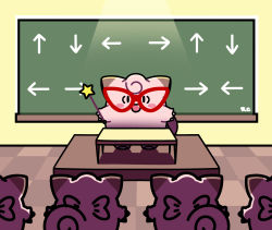 Rule 34 | :d, arrow (symbol), artsy-rc, black eyes, blush stickers, chalkboard, classroom, claws, clefairy, commentary, creatures (company), desk, english commentary, fang, game freak, gen 1 pokemon, glasses, highres, holding, holding wand, indoors, light beam, looking at viewer, nintendo, no humans, open mouth, oversized eyewear, pokemon, pokemon (creature), pokemon stadium, red-framed eyewear, scene reference, signature, smile, solid oval eyes, standing, tile floor, tiles, wand