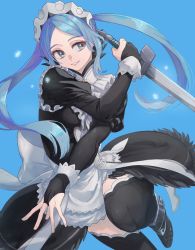 Rule 34 | 1girl, blue background, blue hair, bridal gauntlets, fire emblem, fire emblem fates, flora (fire emblem), grey eyes, highres, holding, holding knife, itou (very ito), juliet sleeves, knife, leg up, long sleeves, maid, maid headdress, nintendo, parted lips, puffy sleeves, simple background, snowflakes, solo, twintails