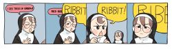 Rule 34 | 2girls, :o, annoyed bird (meme), blue eyes, blush, brown eyes, brown hair, closed eyes, comic, diva (hyxpk), eighth note, froggy nun (diva), frown, glasses, glasses nun (diva), habit, little nuns (diva), meme, multiple girls, music, musical note, nun, one eye closed, parody, round eyewear, singing, speech bubble, traditional nun, triangle mouth