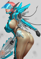 Rule 34 | 1girl, ariverkao, armor, ass, black gloves, blue-tinted eyewear, blue eyes, bodysuit, breasts, dated, from behind, gloves, grey background, headgear, hip armor, holding, holding weapon, huge breasts, lips, looking at viewer, looking back, open mouth, original, patreon logo, pink hair, shiny clothes, short hair, shoulder armor, signature, skin tight, solo, tinted eyewear, visor, weapon