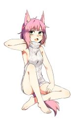 Rule 34 | 1girl, animal ears, armpits, bad id, bad twitter id, bare arms, bare legs, barefoot, blush, breasts, commentary, dress, english commentary, fang, green eyes, hand in own hair, hand up, highres, meme attire, naked sweater, open mouth, original, pink hair, short hair, simple background, sitting, skin fang, small breasts, solo, sweater, sweater dress, tail, tsu (lovesick1964), virgin killer sweater, white background, white sweater, wolf ears, wolf tail