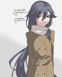 Rule 34 | 1girl, blue eyes, brown coat, closed mouth, coat, commentary request, fu hua, grey background, grey hair, hair between eyes, highres, honkai (series), honkai impact 3rd, long hair, scarf, simple background, solo, suzuka (rush rush 5rush), translation request, very long hair, white scarf