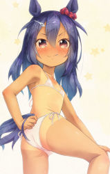 Rule 34 | 1girl, aged down, animal ears, ass, bare arms, bare shoulders, bikini, blue hair, blush, brown eyes, closed mouth, collarbone, commentary request, covered erect nipples, fang, fang out, hair between eyes, hand on own ass, hishi amazon (umamusume), horse ears, horse girl, horse tail, long hair, looking at viewer, one-piece tan, pu-en, side-tie bikini bottom, smile, solo, swimsuit, tail, tan, tanline, umamusume, white bikini