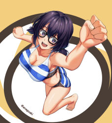 1girl alice_gear_aegis aona_(anagasaki) ass barefoot bikini black-framed_eyewear breasts cleavage glasses komazoi_eden purple_hair striped_bikini striped_clothes swimsuit