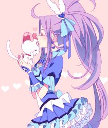 Rule 34 | 10s, 1girl, 7melon, animal, arm warmers, bad id, bad pixiv id, blue skirt, blush, cat, choker, closed eyes, cure beat, earrings, frills, hair ornament, heart, hummy (suite precure), jewelry, kiss, kissing animal, kissing forehead, kurokawa eren, long hair, magical girl, precure, purple hair, ribbon, seiren (suite precure), side ponytail, skirt, smile, solo, suite precure, very long hair