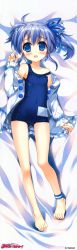 Rule 34 | 1girl, absurdres, ankleband, anklet, barefoot, blue eyes, blue hair, blush, covered navel, dakimakura (medium), feet, fujima takuya, full body, highres, huge filesize, jewelry, kawauchi rurika, legs, long image, matching hair/eyes, name tag, one-piece swimsuit, open clothes, open shirt, scan, school swimsuit, shirt, side ponytail, smile shooter, solo, swimsuit, tall image, toes