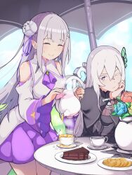 Rule 34 | 2girls, absurdres, bare shoulders, black capelet, black dress, braid, butterfly hair ornament, cake, cake slice, capelet, closed eyes, closed mouth, colored eyelashes, cookie, crown braid, cup, detached sleeves, dress, echidna (re:zero), emilia (re:zero), flower, flower pot, food, hair flower, hair ornament, hair ribbon, head rest, highres, holding, holding teapot, looking at viewer, multiple girls, one eye closed, pointy ears, pouring, purple eyes, purple ribbon, re:zero kara hajimeru isekai seikatsu, ribbon, sleeveless, sleeveless dress, spilling, sweat, table, tea, teacup, teapot, turtleneck, turtleneck dress, white hair, wide sleeves, x hair ornament, zerobarto