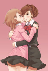 Rule 34 | 2girls, arm around waist, atlus, blush, bow, brown hair, chiwino, couple, earrings, eye contact, hair ornament, hairclip, hand on another&#039;s cheek, hand on another&#039;s face, highres, hug, imminent kiss, jewelry, lips, looking at another, miniskirt, multiple girls, persona, persona 3, persona 3 portable, pink background, red eyes, shiomi kotone, simple background, skirt, takeba yukari, yuri