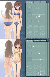 Rule 34 | 1girl, absurdres, ahoge, amemiya sekira, arms behind back, ass, bare arms, bare shoulders, blue-framed eyewear, blue bra, blue panties, blush, bow, bow bra, bow panties, bra, brown hair, closed mouth, commentary request, frilled panties, frills, glasses, hair between eyes, hand cursor, highres, long hair, looking at viewer, mirror, motion lines, navel, original, panties, polka dot, polka dot bra, polka dot panties, purple eyes, reflection, sekira ame, semi-rimless eyewear, translation request, two side up, under-rim eyewear, underwear, underwear only, very long hair, yellow bra, yellow panties
