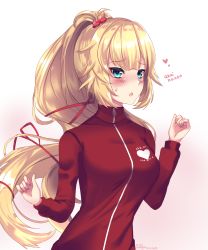 Rule 34 | 1girl, akai haato, blonde hair, blue eyes, blush, breasts, character name, claudy, commentary request, dated, gradient background, hair ribbon, heart, highres, hololive, jogging, long hair, looking at viewer, medium breasts, open mouth, ponytail, red ribbon, ribbon, signature, solo, sweatdrop, track suit, upper body, very long hair, virtual youtuber, zipper