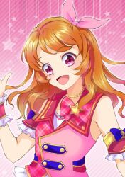 Rule 34 | 1girl, aikatsu!, aikatsu! (series), bead necklace, beads, commentary request, detached sleeves, frills, head tilt, jewelry, lo lis, necklace, ozora akari, open mouth, orange hair, pink background, pink eyes, pink vest, smile, solo, star (symbol), starry background, upper body, vest, wrist cuffs