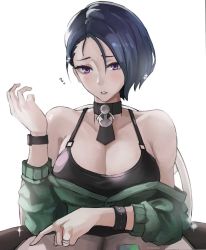 Rule 34 | 1girl, alternate costume, blue hair, bracelet, breasts, choker, cleavage, commentary, english commentary, fire emblem, fire emblem: three houses, green sweater, highres, jewelry, large breasts, looking at viewer, nintendo, off-shoulder sweater, off shoulder, pointing, pov dating, purple eyes, shamir nevrand, short hair, solo, spiked bracelet, spikes, sweater, tommy (kingdukeee), watch, wristwatch