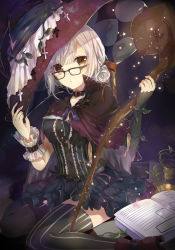 Rule 34 | 1girl, black-framed eyewear, black gloves, black skirt, black thighhighs, book, boots, breasts, brown eyes, capelet, choker, corset, elbow gloves, frilled cuffs, frills, glasses, gloves, hat, highres, holding, holding staff, jne, lantern, large breasts, large hat, looking at viewer, open book, original, parted lips, silver hair, single elbow glove, single glove, sitting, skirt, solo, staff, star (symbol), striped clothes, striped thighhighs, thighhighs, vertical-striped clothes, vertical-striped thighhighs, wariza, witch, witch hat, wrist cuffs