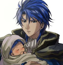 Rule 34 | 2boys, aged down, armor, baby, baby carry, blue eyes, blue hair, cape, carrying, father and daughter, father and son, fire emblem, fire emblem: genealogy of the holy war, fire emblem heroes, looking at viewer, male focus, multiple boys, nintendo, seliph (fire emblem), short hair, sigurd (fire emblem)