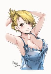 Rule 34 | 1girl, armpits, arms up, artist name, blonde hair, blue nightgown, breasts, brown eyes, cleavage, closed mouth, collarbone, folded ponytail, frills, fullmetal alchemist, hair over one eye, hands in hair, large breasts, looking at viewer, nightgown, relaxjon, riza hawkeye, short hair, simple background, smile, solo, spaghetti strap, upper body, white background