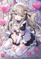 Rule 34 | 1girl, :d, animal ears, apron, bell, bellmona (vtuber), between legs, black dress, black footwear, blast project, blue eyes, bow, breasts, cat ears, cat girl, cat tail, cleavage, commentary request, dress, flower, frilled apron, frills, garter straps, grey hair, hair bell, hair between eyes, hair bow, hair ornament, hand between legs, heart, long hair, looking at viewer, maid, maid headdress, medium breasts, open mouth, pink flower, pink rose, pleated dress, puffy short sleeves, puffy sleeves, rose, sacraneco, shoes, short sleeves, sitting, smile, solo, striped, striped bow, tail, thighhighs, very long hair, virtual youtuber, wariza, white apron, white bow, white thighhighs