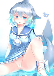 Rule 34 | 10s, 1girl, :p, absurdres, blue dress, blue eyes, blush, censored, cetacean tail, commentary, common bottlenose dolphin (kemono friends), dress, fins, fish tail, frilled dress, frills, gradient hair, green eyes, hair between eyes, highres, japari symbol, kanzakietc, kemono friends, kemono friends 2, long hair, looking at viewer, mosaic censoring, multicolored hair, no panties, pussy, sailor dress, sitting, solo, spread legs, tail, tongue, tongue out, water