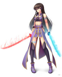 Rule 34 | 1girl, athrun1120, bad id, bad pixiv id, bare arms, blue fire, boots, breasts, brown eyes, brown hair, dual wielding, fire, flaming sword, flaming weapon, full body, holding, legs, long hair, looking at viewer, midriff, original, scabbard, sheath, shirt, simple background, sleeveless, solo, standing, sword, taut clothes, taut shirt, thighhighs, weapon