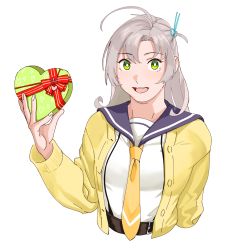 Rule 34 | 1girl, blue sailor collar, box, breasts, cardigan, cropped torso, gift, gift box, green eyes, hair tie, heart-shaped box, highres, holding, holding gift, kantai collection, kinugasa (kancolle), kinugasa kai ni (kancolle), long hair, long sleeves, looking at viewer, medium breasts, necktie, ojipon, open mouth, sailor collar, school uniform, simple background, solo, valentine, white background, yellow cardigan, yellow necktie
