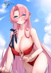 Rule 34 | 1girl, alternate costume, azur lane, bikini, bikini pull, blue sky, breasts, cleavage, clothes pull, covered erect nipples, duke of york (azur lane), large breasts, long hair, looking at viewer, nail polish, nipple slip, nipples, o-ring, o-ring bikini, parted bangs, pink hair, pointy ears, pulling own clothes, red bikini, red eyes, red nails, shionootsu, signature, sky, swimsuit, tongue, tongue out, wet