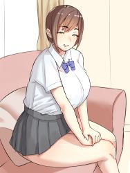 Rule 34 | 1girl, ass, breasts, brown eyes, brown hair, highres, large breasts, looking at viewer, parted lips, school uniform, short hair, sitting, skirt, smile, solo, thighs