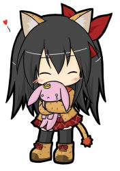 Rule 34 | 1girl, ^ ^, animal ears, bad id, bad pixiv id, balulu alma, black hair, black thighhighs, blush, boots, brown footwear, brown jacket, cat ears, cat tail, chibi, closed eyes, commentary request, covered mouth, crown, emil chronicle online, facing viewer, full body, hair between eyes, hair ribbon, heart, jacket, long hair, long sleeves, mini crown, hugging object, plaid, plaid skirt, red ribbon, red skirt, ri-net, ribbon, simple background, skirt, solo, standing, stuffed animal, stuffed rabbit, stuffed toy, tail, thighhighs, two side up, very long hair, white background