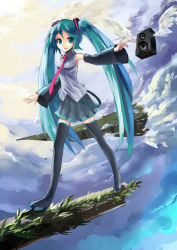 Rule 34 | 1girl, aqua eyes, aqua hair, boots, clear echoes, cloud, detached sleeves, hatsune miku, long hair, necktie, skirt, solo, speaker, thigh boots, thighhighs, twintails, very long hair, vocaloid, walking, wings