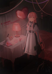 Rule 34 | 1girl, apron, axe, balloon, bed, black choker, black dress, black footwear, black pantyhose, blush, bow, bowtie, chihuri, choker, desk lamp, dress, earrings, footwear bow, frilled dress, frills, graffiti, hair between eyes, heart, heart balloon, highres, holding, holding axe, holding weapon, indoors, jewelry, juliet sleeves, knife, lamp, light blush, long hair, long sleeves, looking at viewer, nail polish bottle, original, pantyhose, parted lips, pink eyes, pink hair, ponytail, puffy sleeves, russian text, shirt, shoes, sidelocks, sleeveless, sleeveless dress, solo, standing, streamers, table, tablecloth, translation request, trash bag, very long hair, waist apron, weapon, white apron, white bow, white shirt, wide ponytail, wooden floor, yana (chihuri)