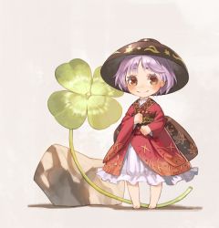 Rule 34 | 1girl, barefoot, blush, bowl, brown eyes, clover, dress, four-leaf clover, full body, grey background, japanese clothes, kimono, light purple hair, long sleeves, looking at viewer, mini person, minigirl, obi, object on head, red dress, ribbon, rock, sash, short hair, simple background, smile, solo, sukuna shinmyoumaru, touhou, wide sleeves, yamamomo (plank)