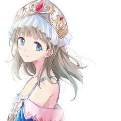 Rule 34 | 1girl, atelier (series), atelier totori, bare shoulders, blue sleeves, brown eyes, brown hair, closed mouth, collarbone, commentary, detached sleeves, hair ornament, hat, highres, long hair, looking at viewer, maromi (am97), simple background, smile, solo, totooria helmold, white background