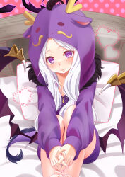 Rule 34 | 1girl, alternate costume, animal costume, aronyan 2828, bed sheet, blue archive, chinese zodiac, cloak, commentary request, demon girl, demon horns, demon wings, dragon costume, forehead, halo, head tilt, heart, highres, hina (blue archive), hood, hooded cloak, horns, hugging own legs, knees up, long hair, long sleeves, looking at viewer, on bed, parted bangs, pillow, purple eyes, sidelocks, sitting, smile, solo, wavy hair, white hair, wings, year of the dragon