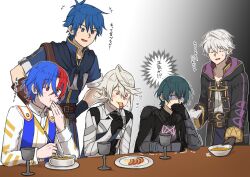 Rule 34 | 5boys, alear (fire emblem), alear (male) (fire emblem), arm guards, armor, black hair, blue eyes, blue hair, blush, byleth (fire emblem), byleth (male) (fire emblem), coat, collarbone, commentary request, corrin (fire emblem), corrin (male) (fire emblem), cup, disgust, fire emblem, fire emblem: mystery of the emblem, fire emblem: three houses, fire emblem awakening, fire emblem engage, fire emblem fates, fire emblem heroes, food, fork, gloves, gradient background, hand up, hands on own hips, highres, holding, holding fork, holding spoon, kris (fire emblem), kris (male) (fire emblem), multiple boys, nintendo, open mouth, plate, pointy ears, red eyes, red hair, robin (fire emblem), robin (male) (fire emblem), short hair, short sleeves, sitting, smile, spoon, sweat, sweatdrop, table, translation request, white hair, zuzu (ywpd8853)