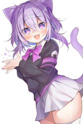 Rule 34 | 1girl, animal ear fluff, animal ears, black sweater, cat ears, cat girl, cat tail, gau (n00 shi), hololive, looking at viewer, miniskirt, nekomata okayu, nekomata okayu (1st costume), open mouth, own hands together, purple eyes, purple hair, short hair, simple background, skirt, smile, solo, sweater, tail, thighhighs, thighs, virtual youtuber, white background, white skirt, white thighhighs, zettai ryouiki
