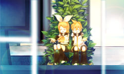 Rule 34 | 1boy, 1girl, bad id, bad pixiv id, blonde hair, brother and sister, closed eyes, detached sleeves, hair ornament, hair ribbon, hairclip, headset, kagamine len, kagamine rin, midriff, outstretched arm, outstretched hand, plant, reaching, ribbon, short hair, siblings, smile, soriku, twins, vocaloid
