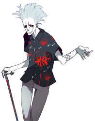 Rule 34 | 1boy, arm tattoo, belt, cane, colored skin, fish bone, floral print, flower, grey hair, highres, holding, holding cane, jewelry, kometsubu, male focus, original, red eyes, red flower, ring, simple background, smile, smirk, solo, spider lily, spider lily print, tattoo, teeth, white background, white skin