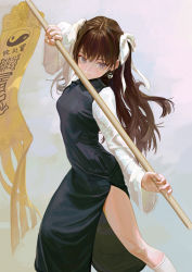 Rule 34 | 1girl, banner, brown hair, china dress, chinese clothes, chinese text, dress, earrings, fighting stance, fkey, hair ribbon, highres, holding, holding staff, jewelry, long hair, mole, mole under eye, orb, original, ribbon, socks, solo, staff, translation request, white socks, yin yang, yin yang orb, yin yang print