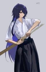 Rule 34 | 1girl, acheron (honkai: star rail), alternate costume, artist name, collarbone, hair over one eye, hakama, highres, holding, holding sword, holding weapon, honkai: star rail, honkai (series), hsk10107, japanese clothes, kendo, long hair, multicolored hair, purple eyes, purple hair, shinai, simple background, solo, streaked hair, sword, weapon, white hakama