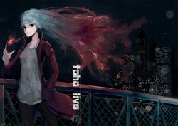 Rule 34 | 1girl, alternate costume, blue hair, chain-link fence, city, city lights, cityscape, coat, contemporary, fence, fire, fire, fujiwara no mokou, grey hair, long hair, rean (r ean), red eyes, red hair, solo, touhou