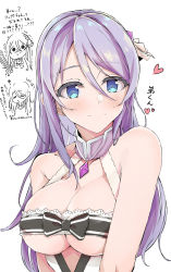 Rule 34 | 1girl, bad id, bad pixiv id, bare arms, bare shoulders, black ribbon, blue eyes, blush, breasts, brooch, cleavage, collarbone, commentary request, detached collar, e sky rugo, hair between eyes, hair ornament, heart, highres, jewelry, large breasts, long hair, looking at viewer, princess connect!, purple hair, revealing clothes, ribbon, shizuru (princess connect!), smile, solo, split mouth, translation request, upper body, white background