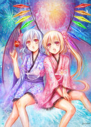 Rule 34 | 2girls, :o, alternate costume, bare legs, bat wings, between legs, blonde hair, blue hair, blue kimono, candy apple, fang, female focus, fireworks, flandre scarlet, floral print, flower, food, hair flower, hair ornament, hand between legs, hands on lap, highres, japanese clothes, kimono, long hair, multiple girls, no headwear, no headwear, open mouth, own hands together, pink kimono, pony (artist), print kimono, red eyes, remilia scarlet, short kimono, short yukata, siblings, side-by-side, side ponytail, signature, sisters, sitting, smile, touhou, v arms, wings, yukata