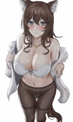 Rule 34 | 1girl, animal ears, bare shoulders, black pantyhose, blush, bra, breasts, brown hair, chinese commentary, cleavage, collarbone, from above, girls&#039; frontline neural cloud, grey eyes, hair between eyes, hair ornament, hairclip, highres, holding, holding clothes, jewelry, large breasts, long hair, looking at viewer, navel, necklace, off shoulder, panties, pantyhose, parted lips, removing jacket, selcky, simple background, solo, tail, turing (neural cloud), underwear, white background, white bra, white panties