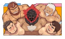 Rule 34 | 5boys, age difference, amatsumara (housamo), arm around shoulder, arm hair, back hair, bara, blush, boy sandwich, chest hair, completely nude, cross scar, dark-skinned male, dark skin, facial hair, fire, forked eyebrows, goatee, grin, hairy, hand on another&#039;s shoulder, helmet, highres, houzouin oniwaka, jinn (housamo), takabushi kengo, large pectorals, long sideburns, male focus, male harem, mature male, multiple boys, muscular, muscular male, nipples, nude, old, old man, pectoral docking, pectoral press, pectorals, sandwiched, scar, scar on face, scar on forehead, shigetashigezo, short hair, sideburns, smile, stubble, surtr (housamo), thick eyebrows, tokyo houkago summoners, unibrow, upper body, white hair, yaoi